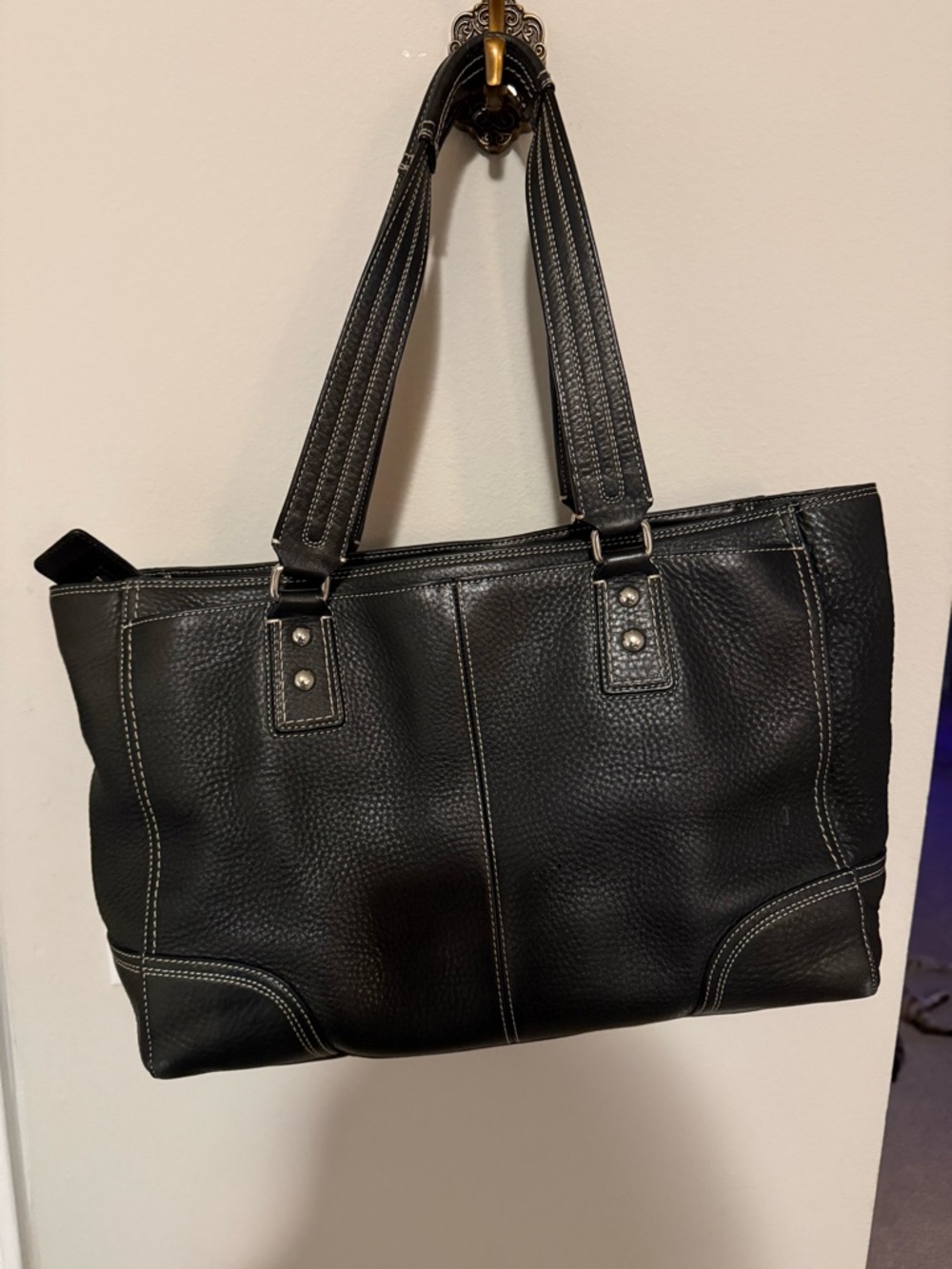 Coach Black Leather Tote with Turn-Lock Front Pocket - Picture 3 of 5